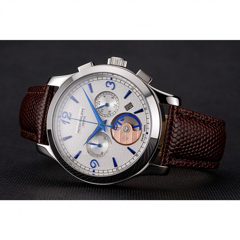 Cheap Patek Philippe Chronograph White Guilloche Dial Blue Hands Stainless Steel Case Brown Leather Strap-3