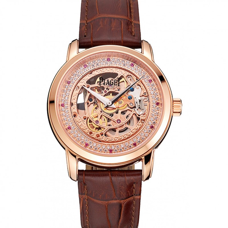 Swiss Piaget Altiplano Rose Gold Skeleton Dial With Diamonds Rose Gold Case Brown Leather Strap-0