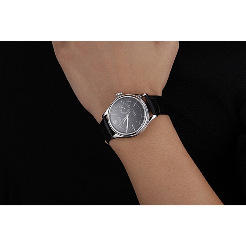 Rolex Cellini Black Dial Stainless Steel Case Black Leather Bracelet 622724-8