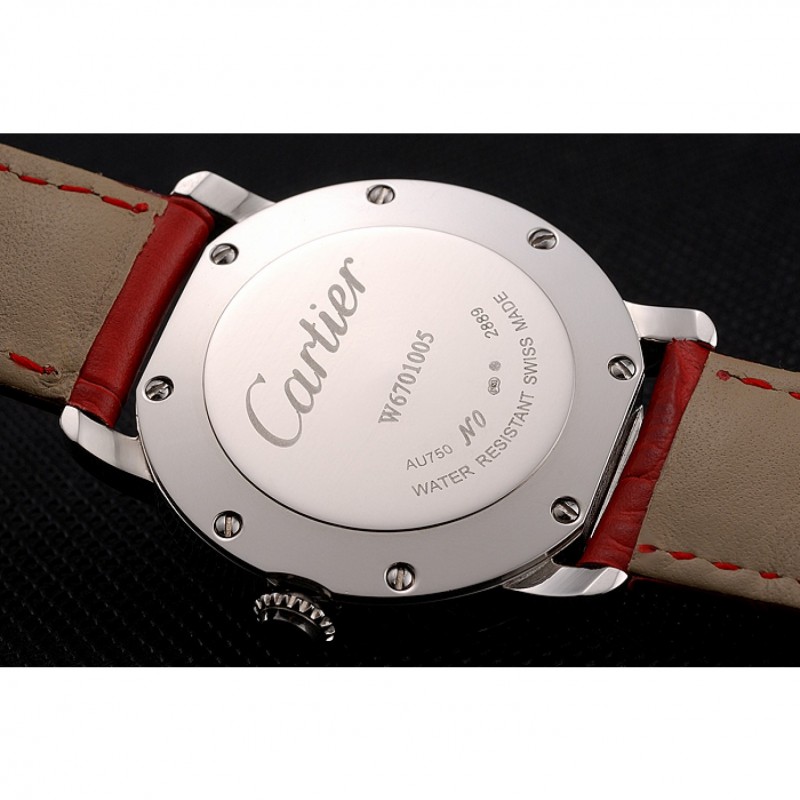 Cartier Ronde White Dial Diamond Bezel Stainless Steel Case Red Leather Strap-7