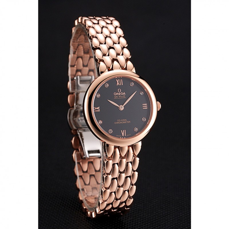 Cheap Omega De Ville Prestige No Date Black Dial With Diamonds Rose Gold Case And Bracelet-2