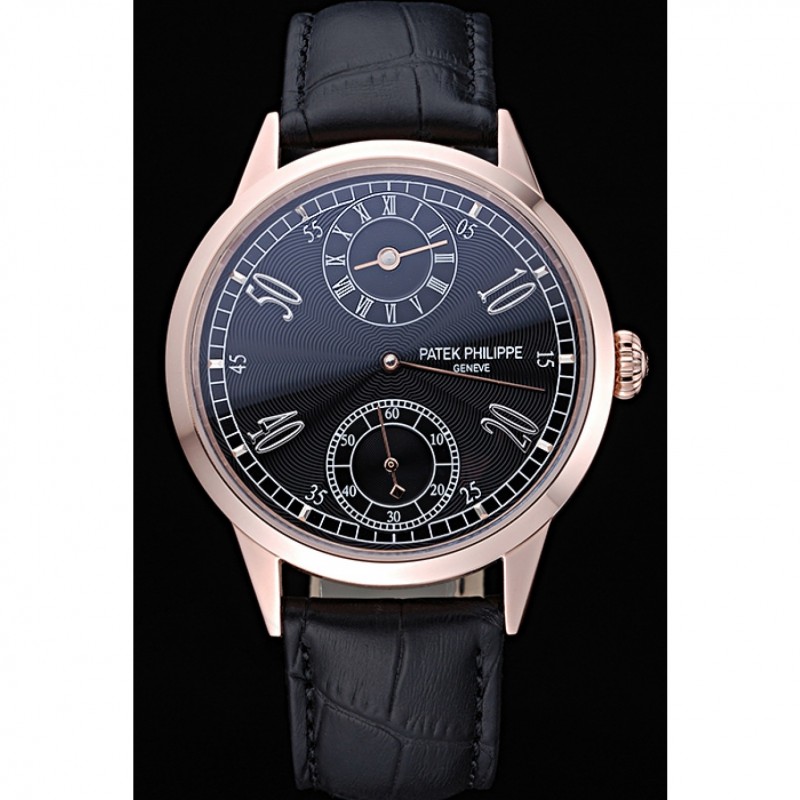 AAA Patek Philippe Geneve Two Dial Black Dial Rose Gold Bezel Black Leather Band 622146-1