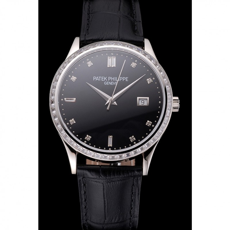 Best Replica Watches Swiss Patek Philippe Calatrava Black Dial Diamond Bezel Stainless Steel Case Black Leather Strap-1