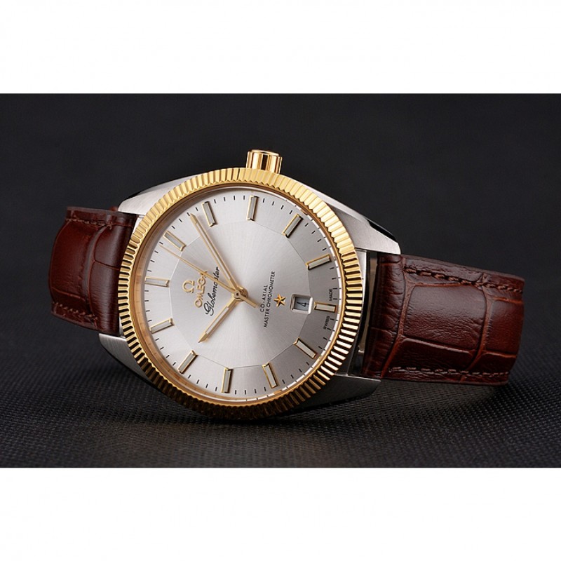 Omega Globemaster Silver Dial Gold Bezel Stainless Steel Case Brown Leather Strap-3