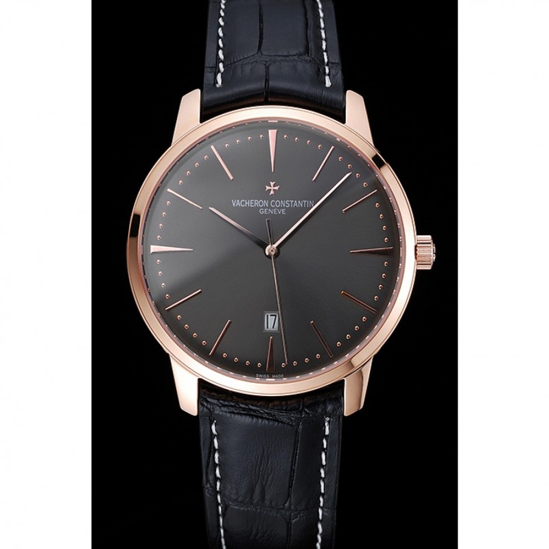 High End Replica Watches Swiss Vacheron Constantin Patrimony Grey Dial Rose Gold Case Black Leather Bracelet 1454167-1