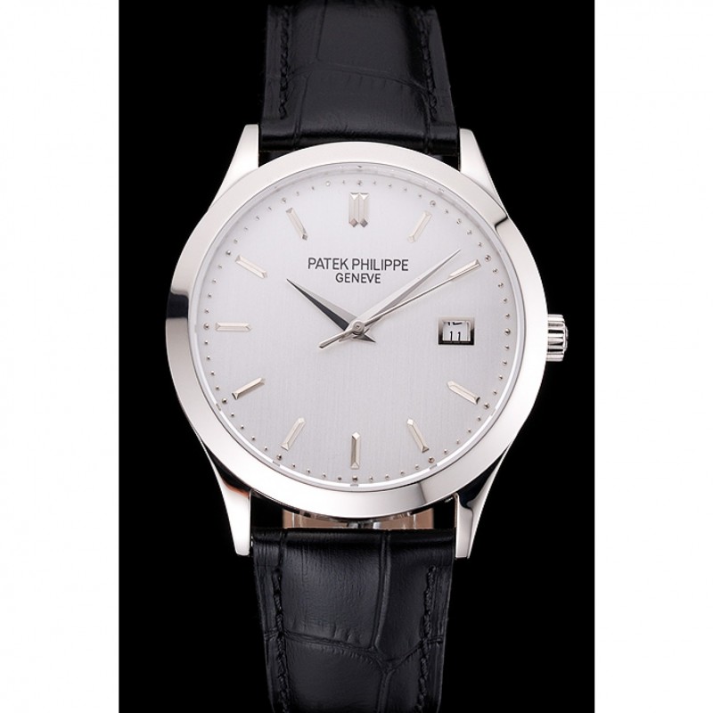 Swiss Patek Philippe Calatrava Silver Dial Stainless Steel Case Black Leather Strap-1