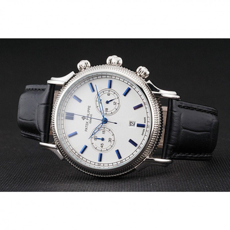 Patek Philippe Chronograph White Dial Blue Markings Stainless Steel Case Black Leather Strap-3