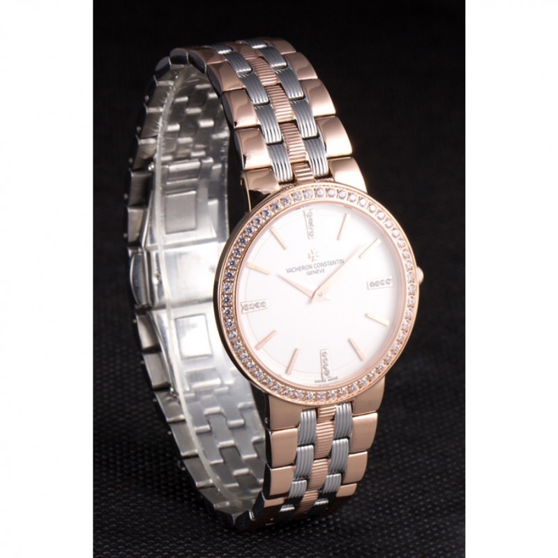 Cheap Vacheron Constantin Patrimony Traditionnelle White Dial Rose Gold Diamond Case Two Tone Bracelet-2