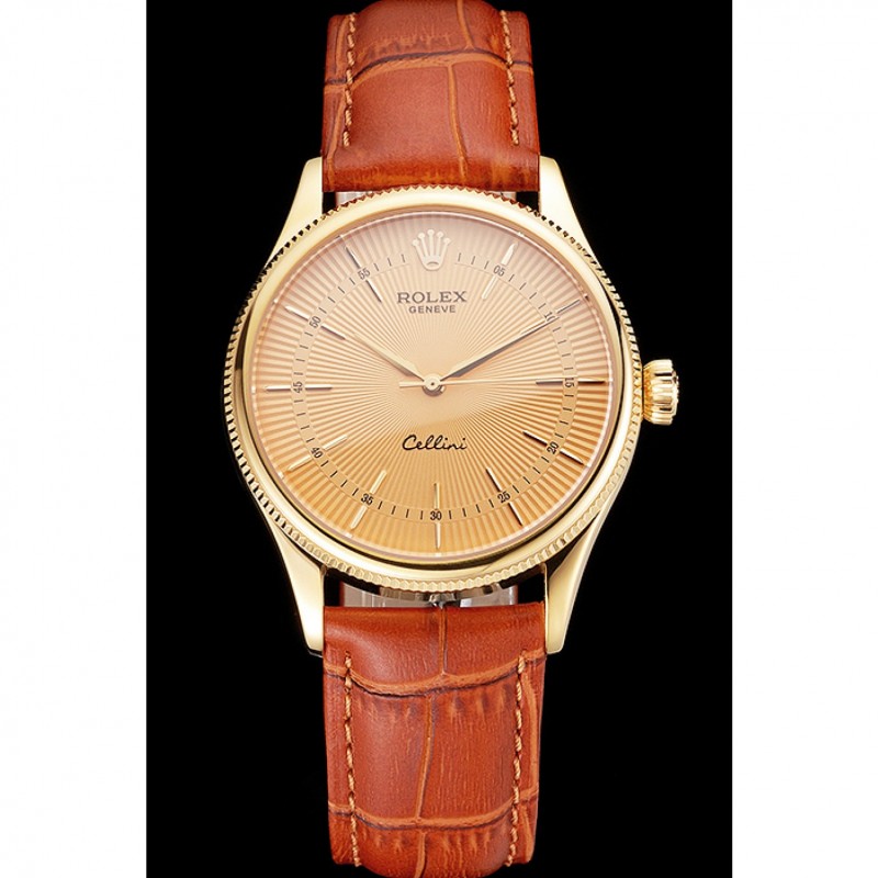 Swiss Rolex Cellini Gold Dial And Markings Gold Case Light Brown Leather Strap-1