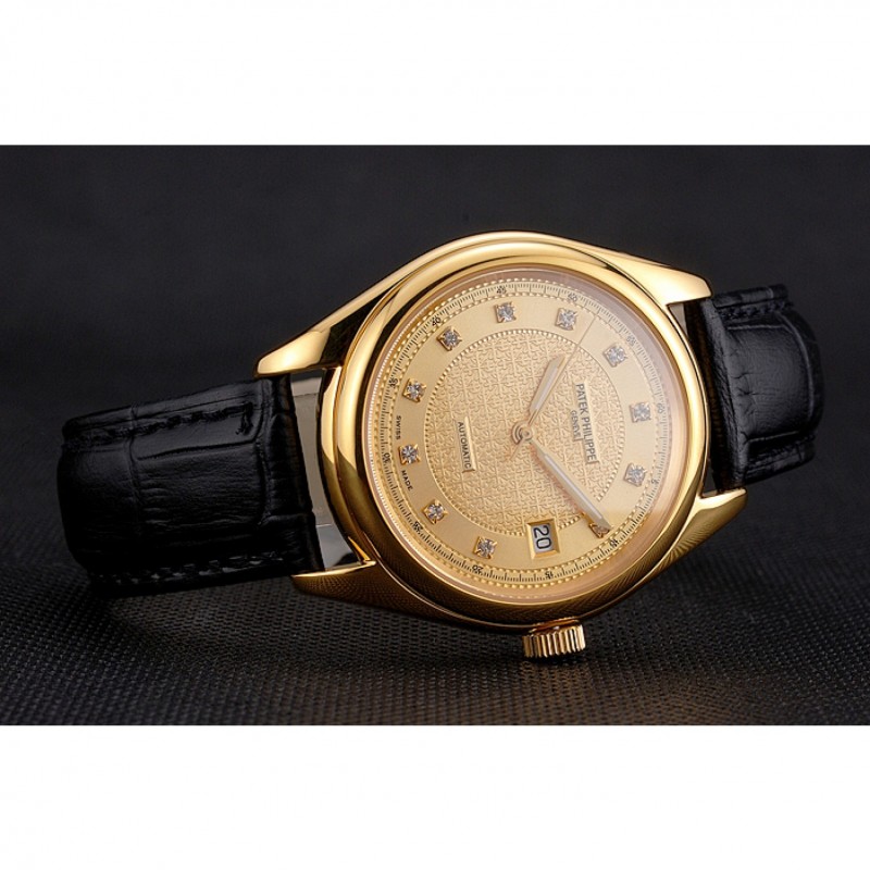Swiss Patek Philippe Calatrava Gold Dial Diamond Markings Gold Case Black Leather Strap-3