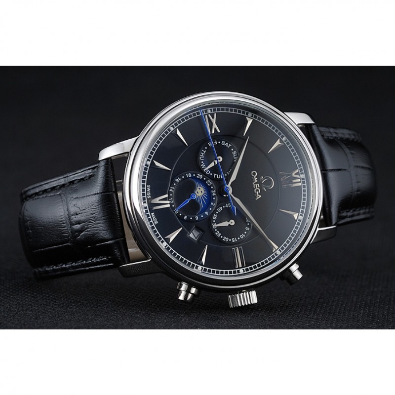 Omega De Ville Moonphase Black Dial Silver Case Black Leather Bracelet 1454225-4