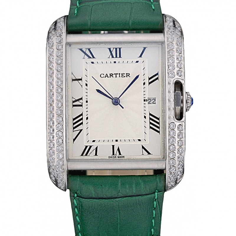 Cartier Tank Anglaise 36mm White Dial Diamonds Steel Case Green Leather Bracelet-0