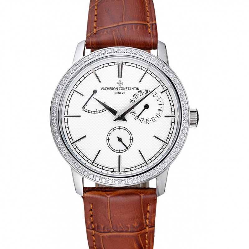Vacheron Constantin Patrimony Power Reserve White Dial Silver Diamond Case Brown Leather Bracelet 1454266-0