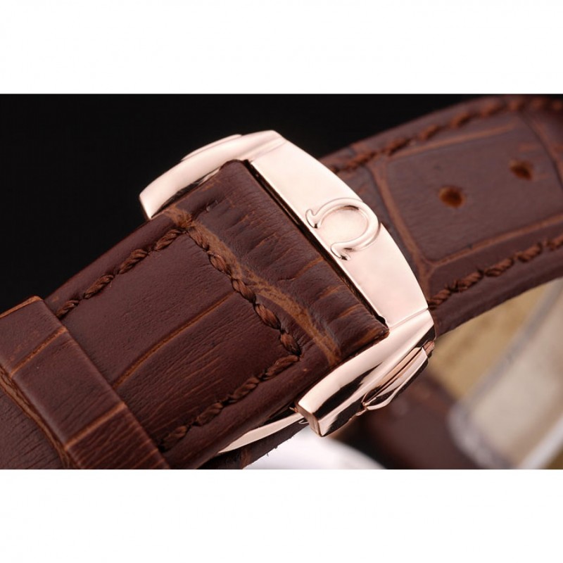 SS Omega Swiss DeVille Rose Gold Bezel Brown Leather Strap 7614-5