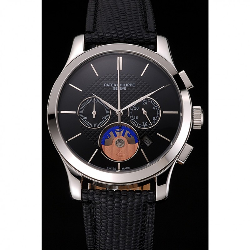 Patek Philippe Chronograph Black Dial Stainless Steel Case Black Leather Strap-1