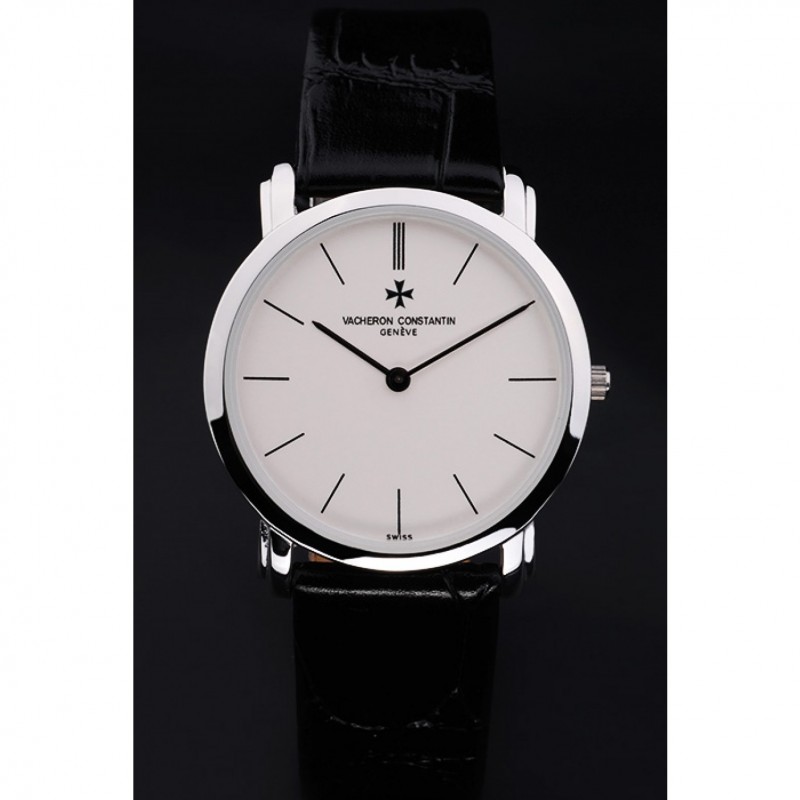 Best Vacheron Constantin Patrimony White Stainless Steel Case Black Leather Bracelet-1