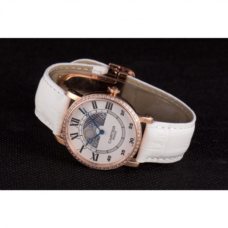 Cartier Moonphase Rose Gold Watch with White Leather Band ct254 621373-4