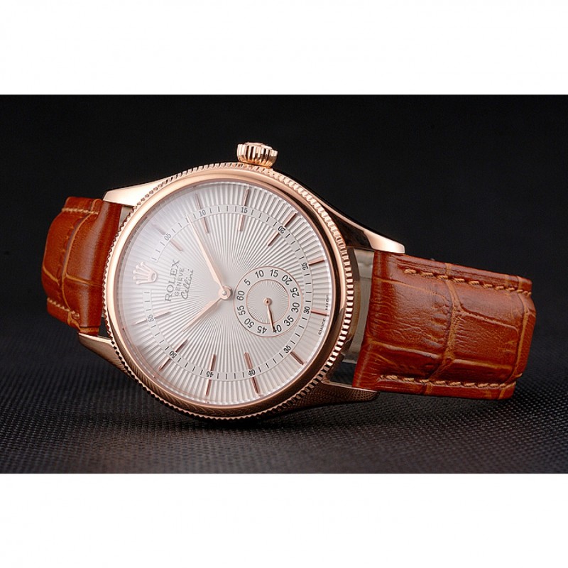 Swiss Rolex Cellini White Dial Rose Gold Case Light Brown Leather Strap-4