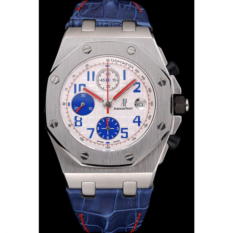 Swiss Audemars Piguet Royal Oak Offshore White Dial Stainless Steel Case Blue Leather Strap 622850-1