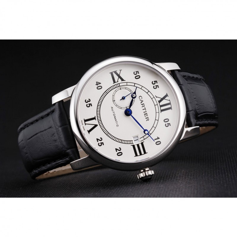 SS Swiss Cartier Rotonde Solo White Dial Silver Case Black Leather Strap-4