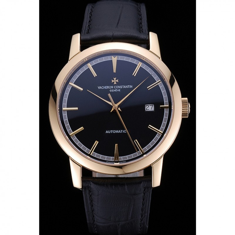 Swiss Vacheron Constantin Patrimony Traditionnelle Gold Case Black Leather Bracelet 622558-1