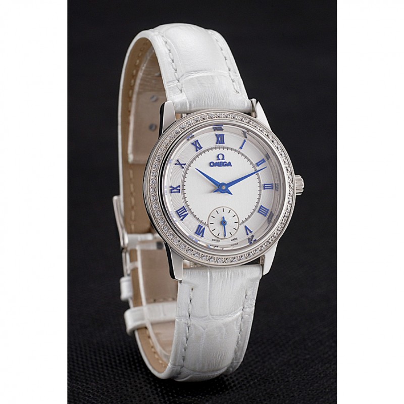 Omega De Ville Prestige Small Seconds White Dial Diamond Bezel Stainless Steel Case White Leather Strap-2