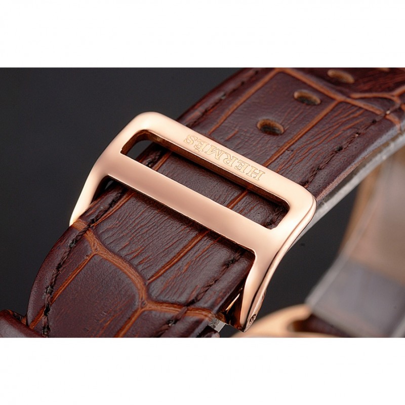 Hermes Dressage White Dial Rose Gold Case Brown Leather Strap-5