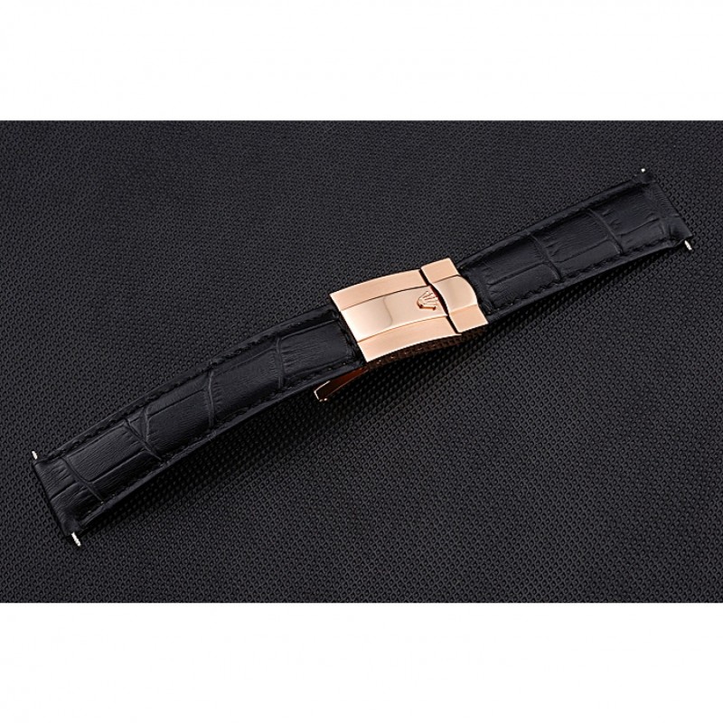 Rolex Black Leather with Rose Gold Clasp Bracelet 622498-3