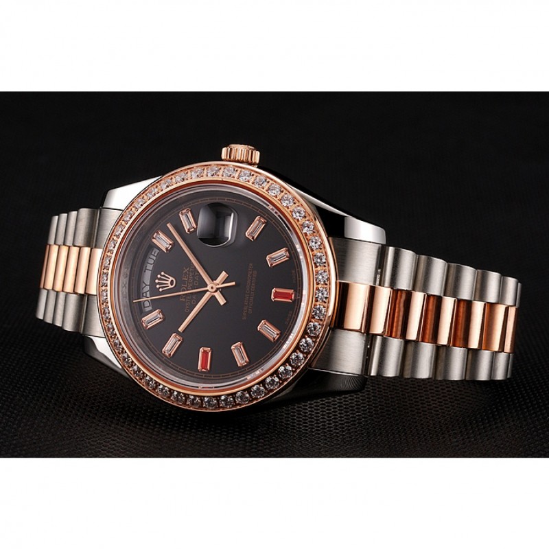 Swiss Rolex Day-Date Diamonds And Rubies Black Dial Rose Gold And Staineless Steel Bracelet 1454106-3