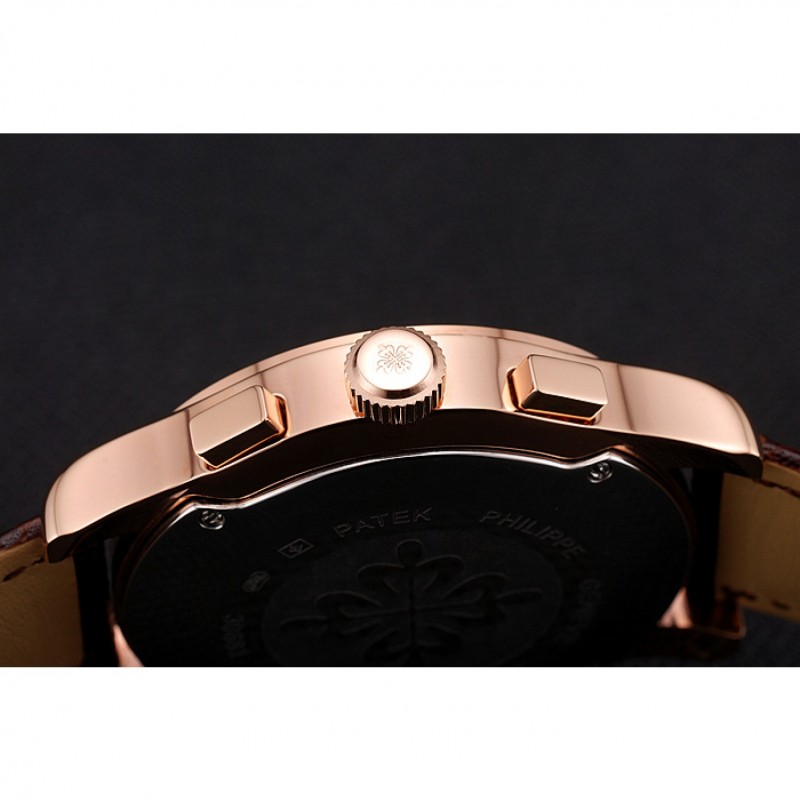 Patek Philippe Chronograph White Dial Rose Gold Case Brown Leather Strap-8