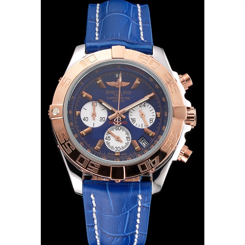 Cheap Breitling Chronomat Patrouille De France Blue Dial Stainless Steel Case Blue Leather Strap-1