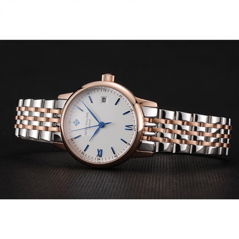 Patek Philippe Calatrava Ladies White Dial Blue Numerals Rose Gold Case Two Tone Bracelet 1453830-4
