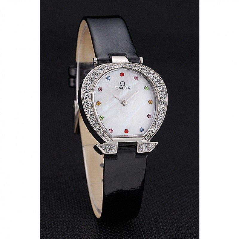 High End Replica Watches Omega Ladies Watch White Dial With Jewels Stainless Steel Case With Diamonds Case White Leather Strap 622826-2