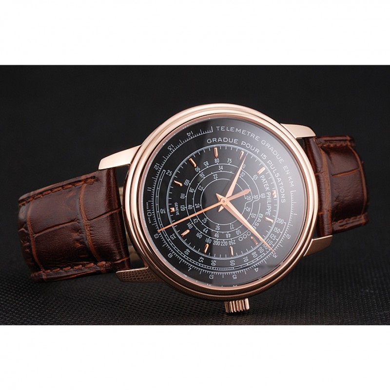 High End Swiss Patek Philippe Multi-Scale Chronograph Black Dial Rose Gold Case Brown Leather Strap-4