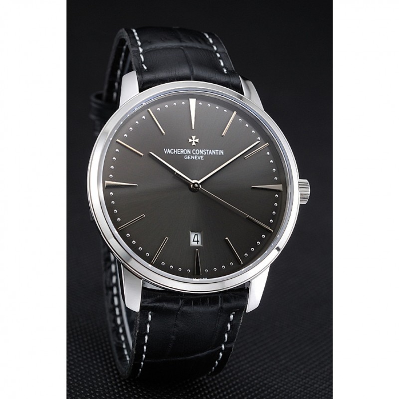 Swiss Vacheron Constantin Patrimony Grey Dial Silver Case Black Leather Bracelet 1454160-2