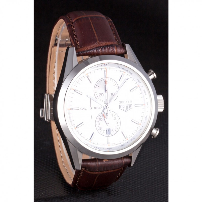 Tag Heuer SLR Brushed Stainless Steel Case Silver Dial Brown Leather Strap-1