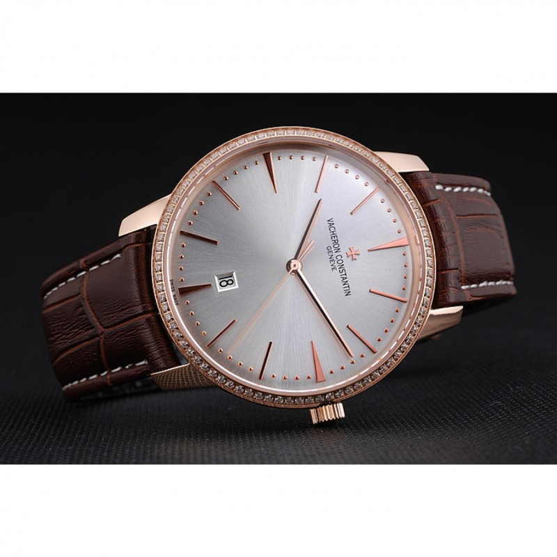 Swiss Vacheron Constantin Patrimony White Dial Rose Gold Diamonds Case Brown Leather Bracelet 1454170-4
