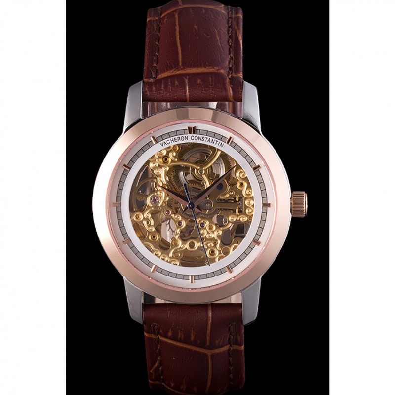 Vacheron Constantin White Skeleton Watch with Rose Gold Bezel and Brown Leather Strap 621539-1
