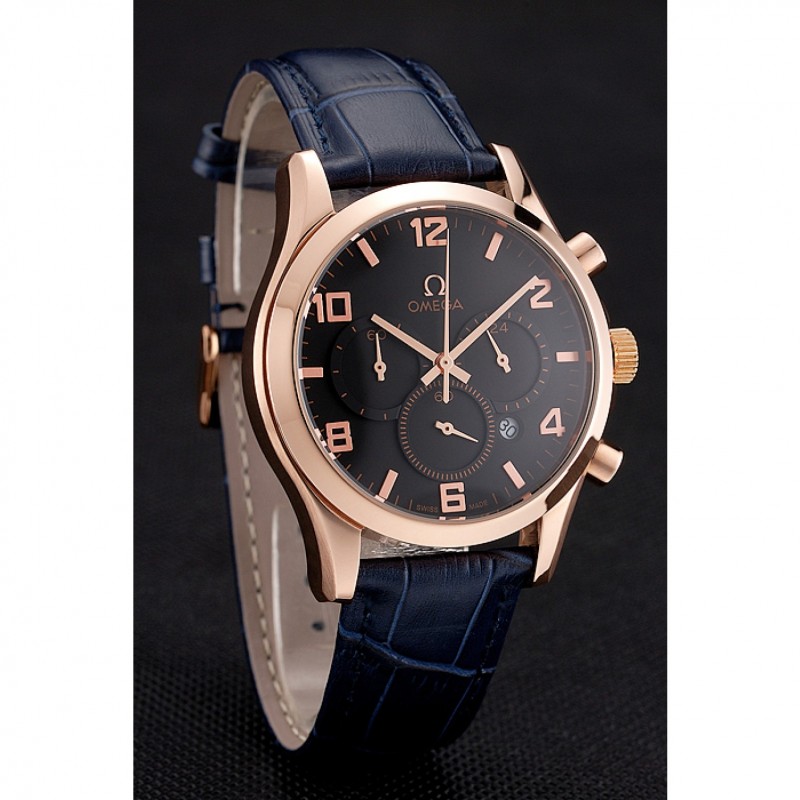 Best Replica Watches Omega Chronograph Black Dial Rose Gold Case Blue Leather Strap-2