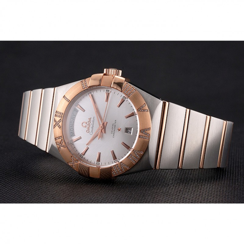 Swiss Omega Constellation White Dial Stainless Steel Case Rose Gold Bezel Two Tone Bracelet-3
