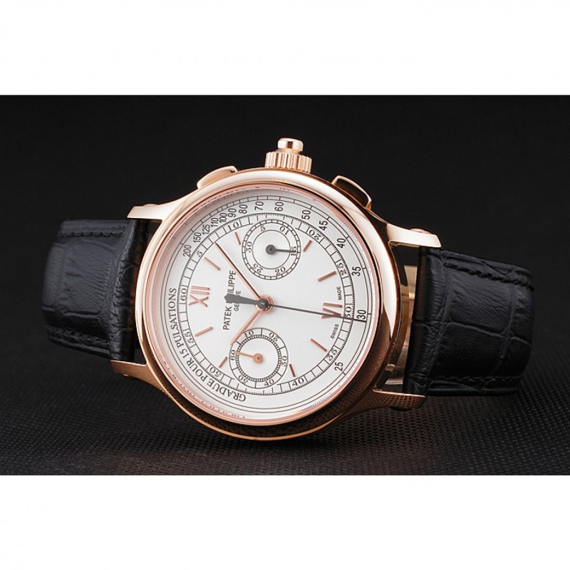 High End Replica Watches Swiss Patek Philippe 5170J Chronograph White Dial Rose Gold Case Black Leather Strap-3
