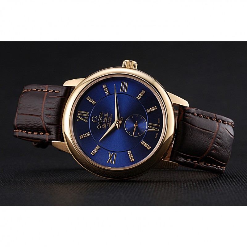 Omega DeVille Prestige Small Seconds Blue Dial Gold Case Brown Leather Bracelet 622601-4