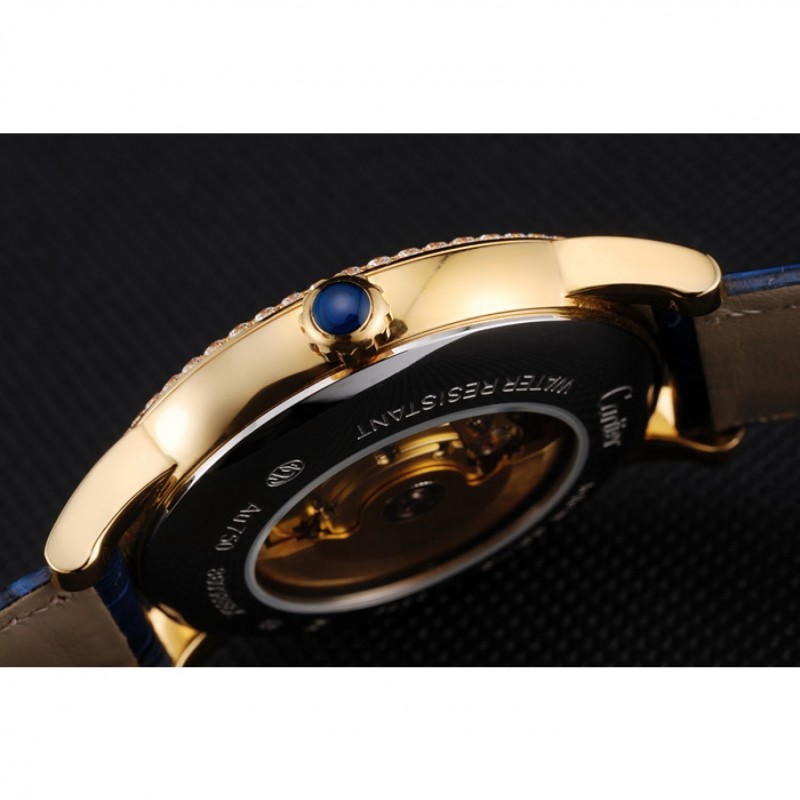 High End Replica Watches Swiss Cartier Ronde Solo Blue Dial Gold Diamond Case Blue Leather Strap-7