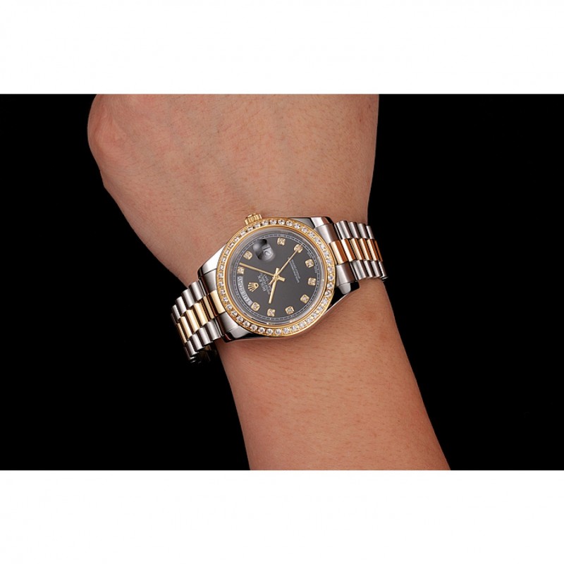 Swiss Rolex Day-Date Black Dial Gold Diamond Case Two Tone Stainless Steel Bracelet 1453975-8