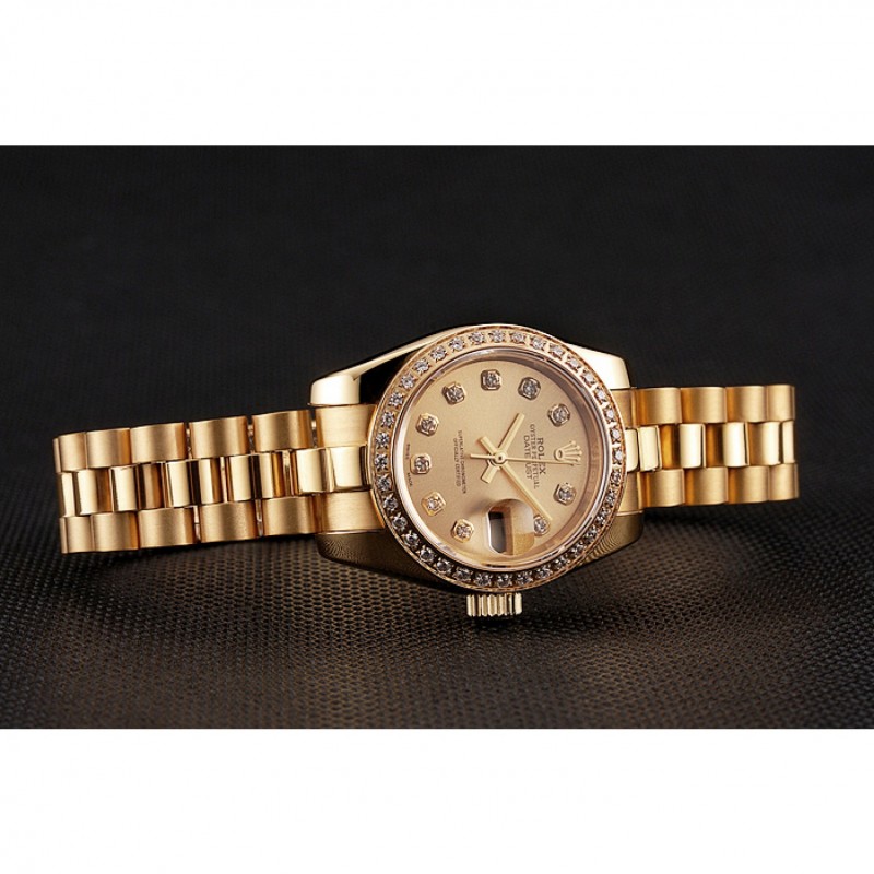 SS Replica Watches Swiss Rolex Lady-Datejust Champagne Dial Diamond Bezel Gold Bracelet 1454095-3