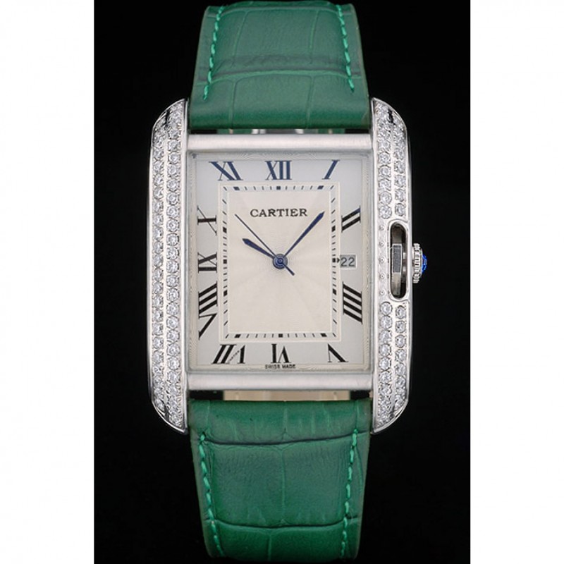 Cartier Tank Anglaise 36mm White Dial Diamonds Steel Case Green Leather Bracelet-1
