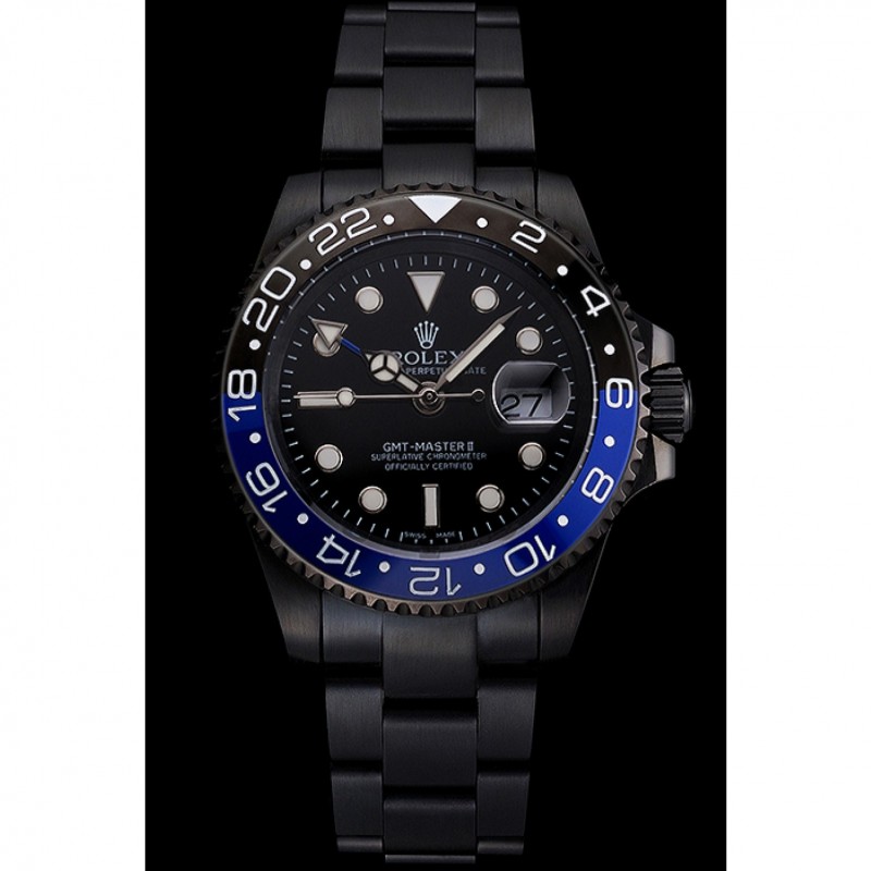 Swiss Rolex GMT Master II Black Dial Blue And Black Bezel Black PVD Case And Bracelet-1