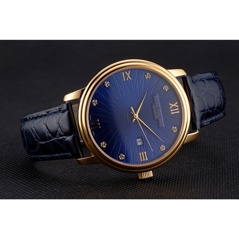 Cheap Replica Watches Patek Philippe Calatrava Date Blue Embossed Dial Gold Case Blue Leather Strap-3