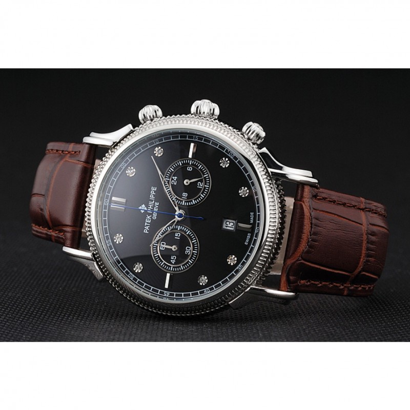 Patek Philippe Chronograph Black Dial With Diamonds Stainless Steel Case Brown Leather Strap-3