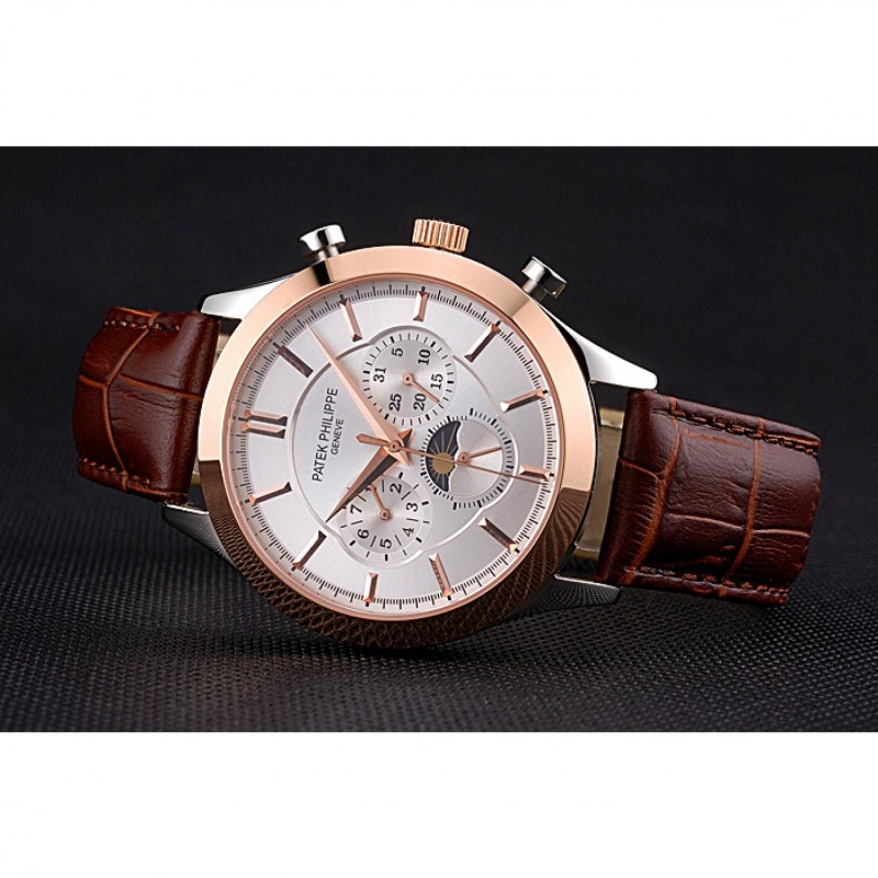 Luxury Patek Philippe Moonphase Chronograph White Dial Gold Case Brown Leather Strap 622843-4
